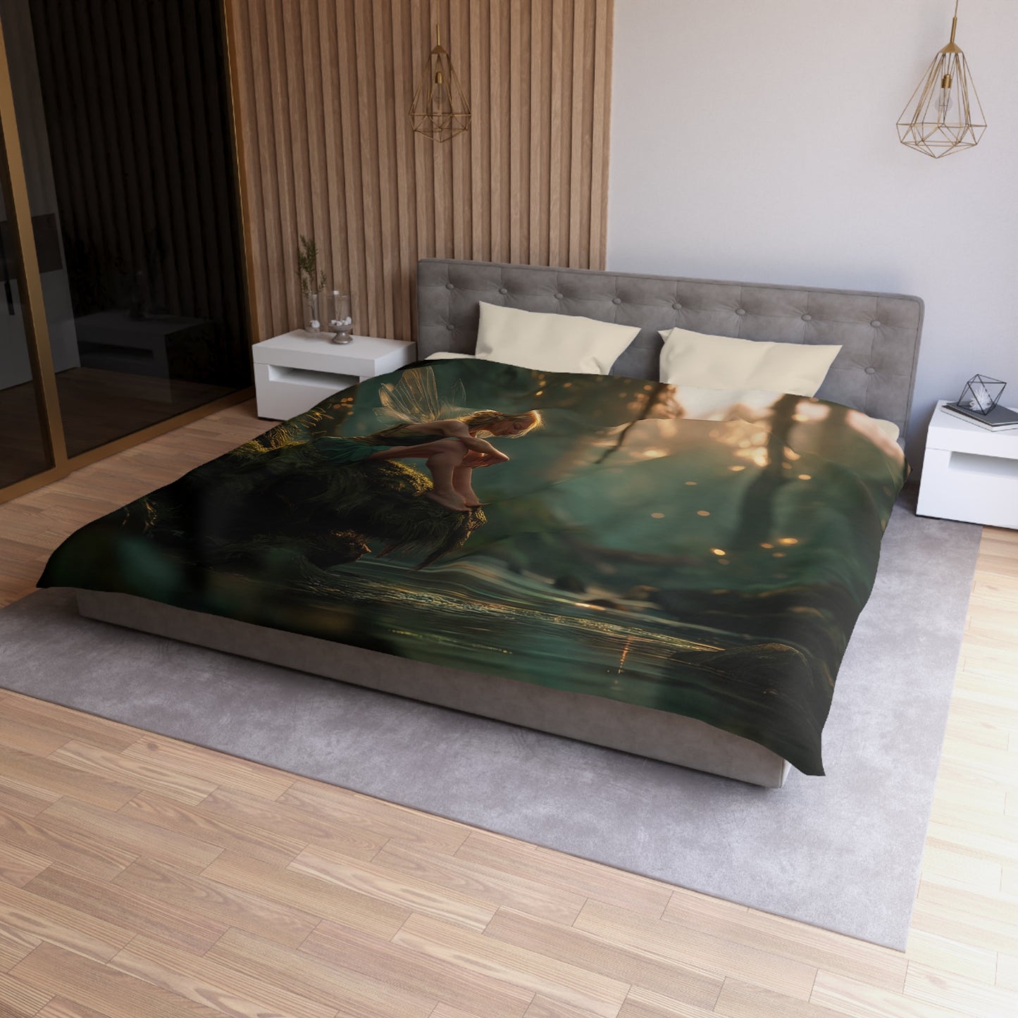 Moss-Clad Fairy River Guardian Duvet Cover – Golden Hour Forest Sanctuary