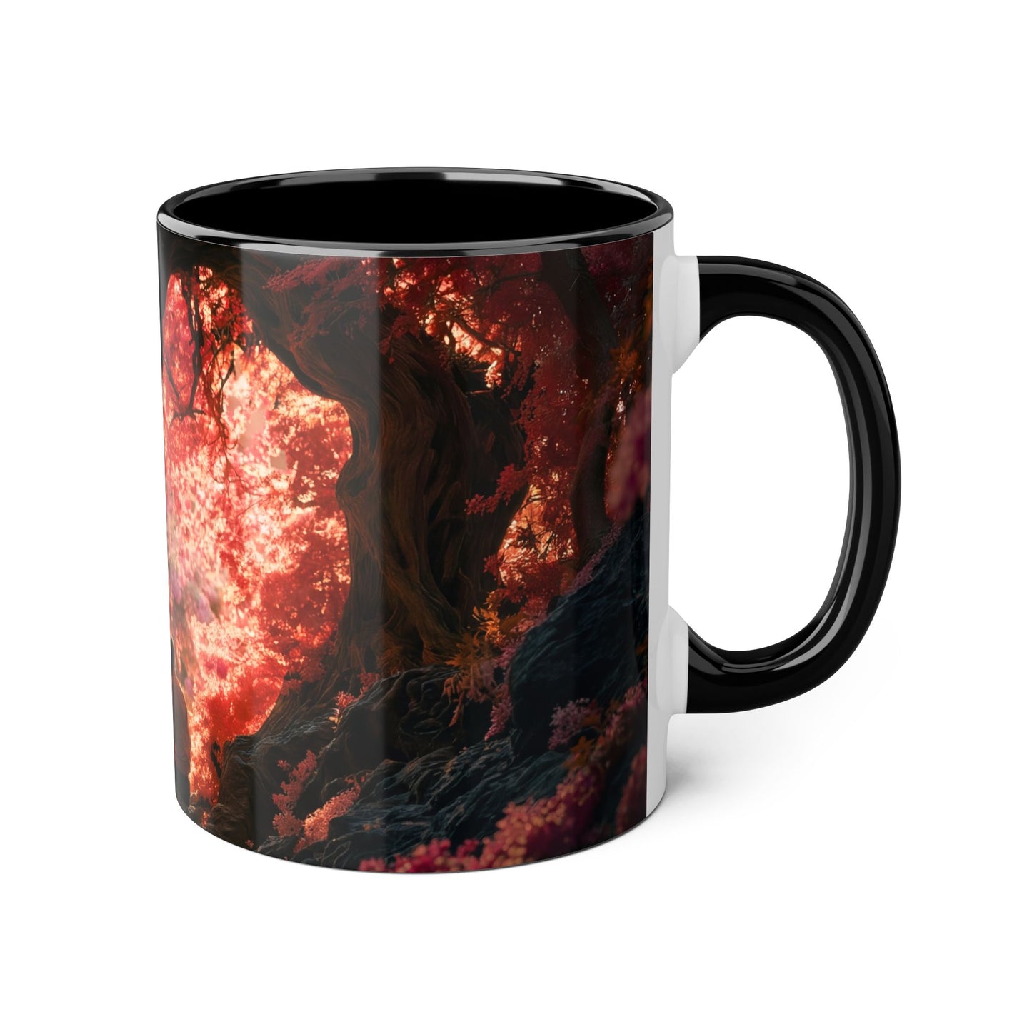 Crimson Heart Grove Accent Mugs, 11oz – Twisted Branches and Twilight Embrace