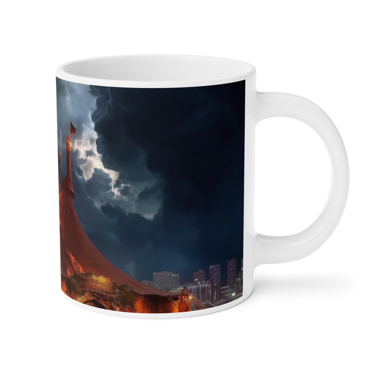 Crimson Circus Tent Mugs – Neon Nightscape Under Stormy Skies