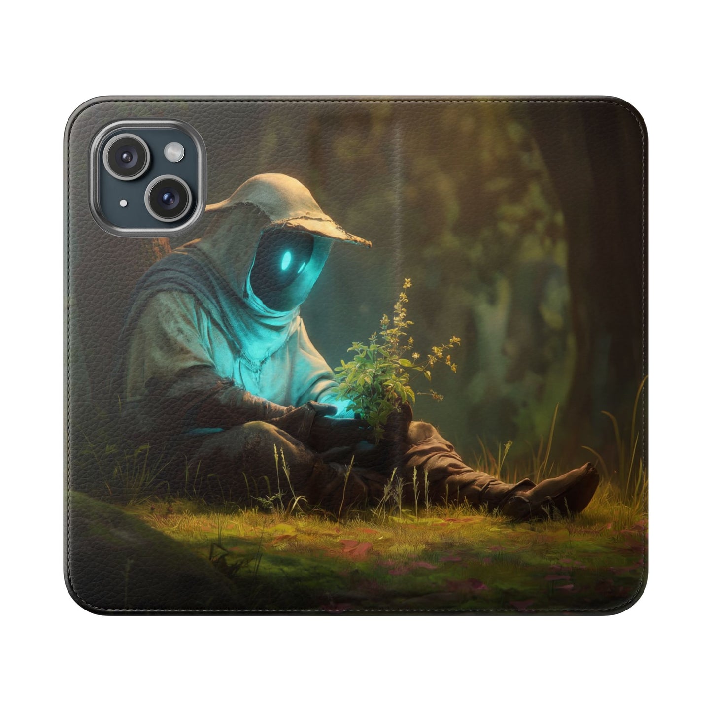 Glowing Orb Hooded Guardian Flip Cases – Bioluminescent Forest Keeper