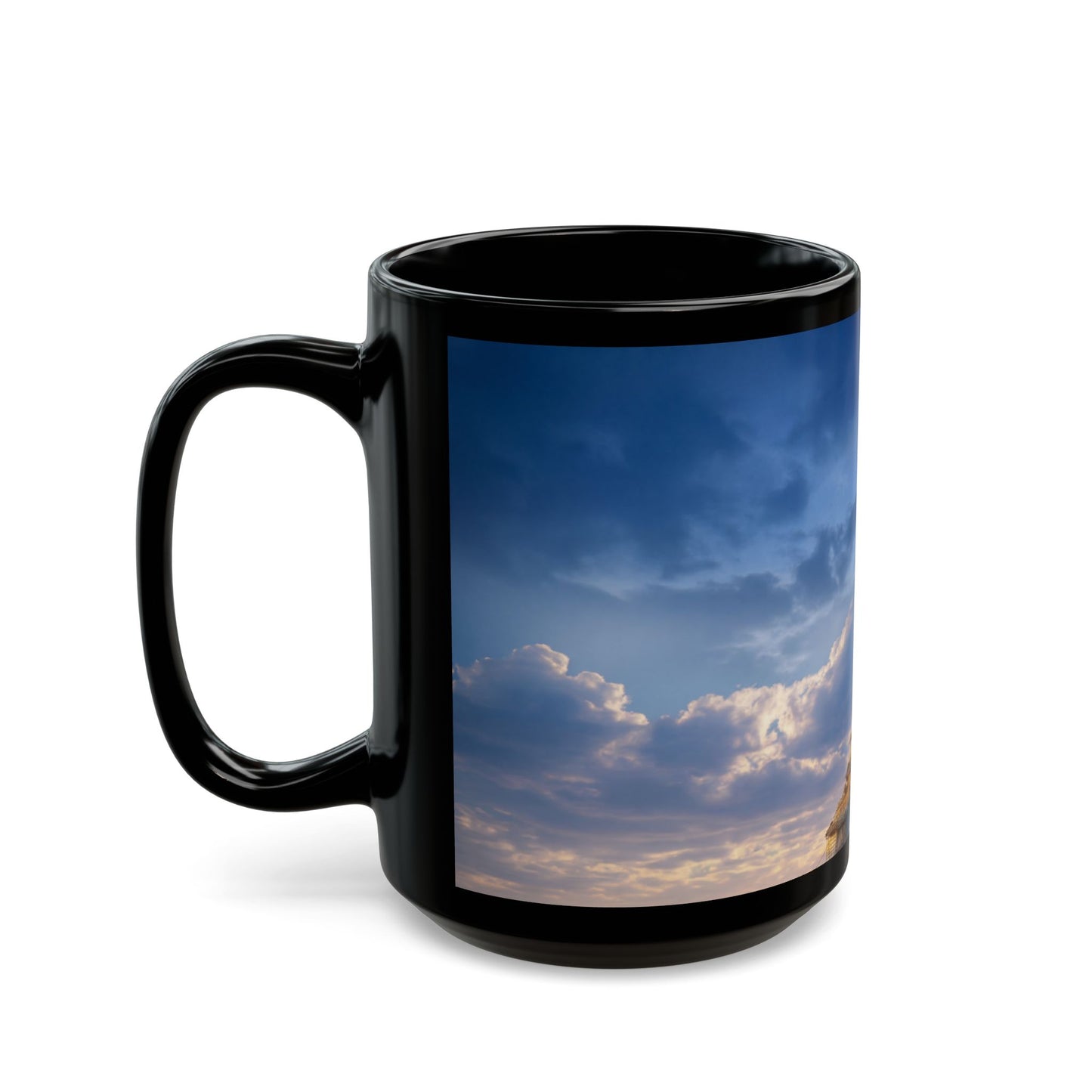 Skyborne Lighthouse Black Mug – Twilight Beacon Over Endless Sea