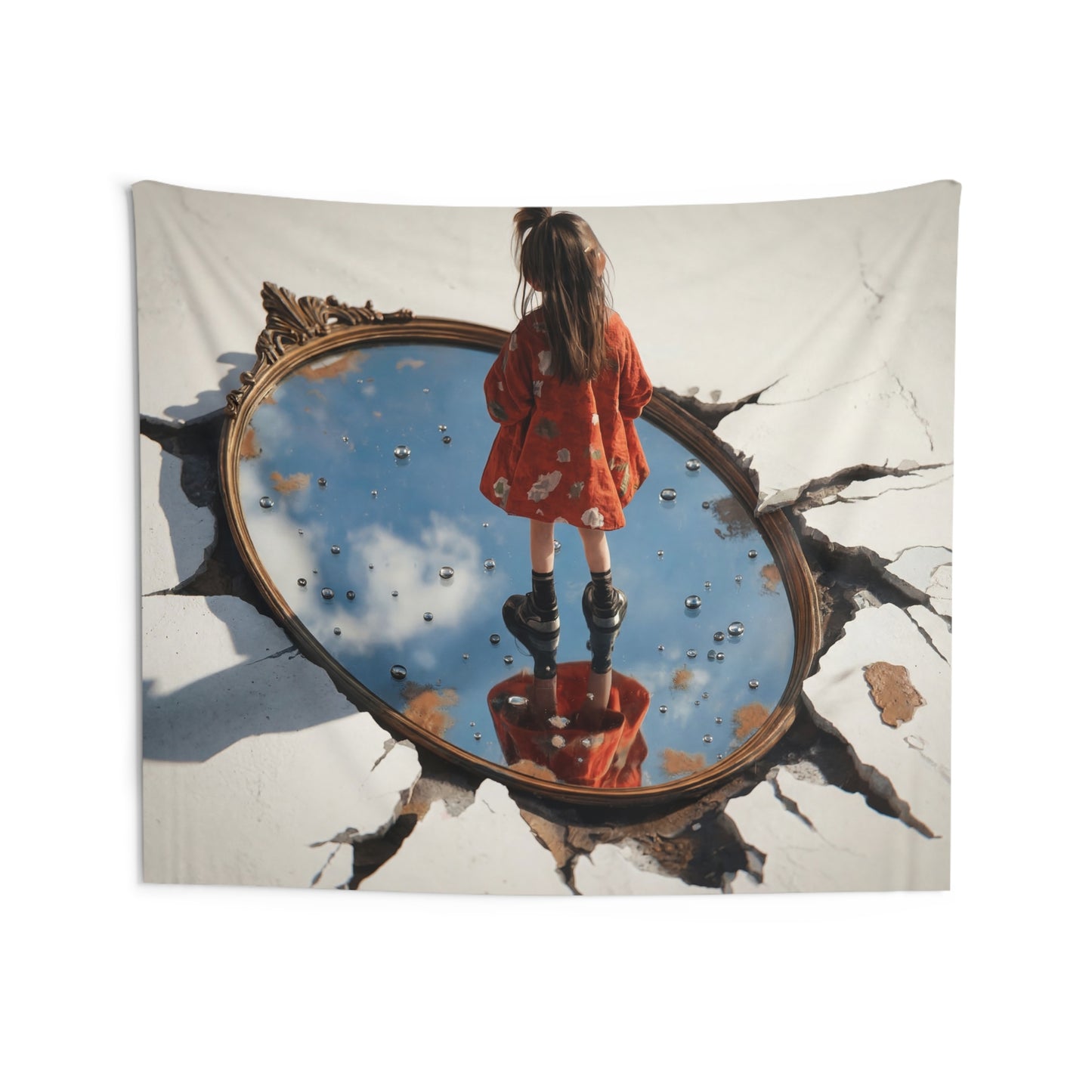 Girl Standing in Mirror Portal Tapestry – Sunlit Sky Reflections