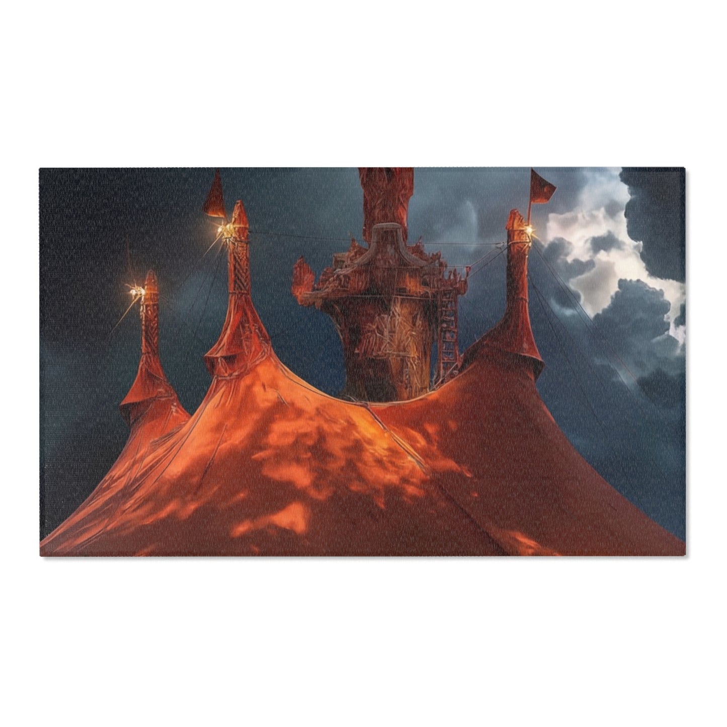 Crimson Carnival Tent Rug – City Skyline Under Thunderous Canopy