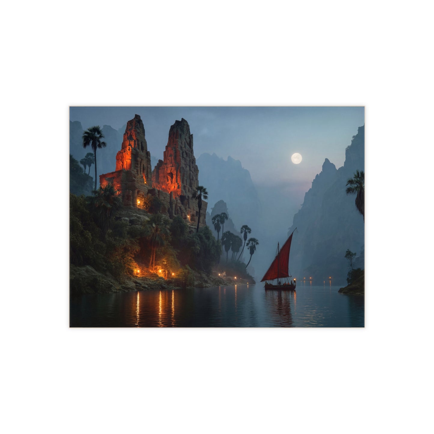 Moonlit Temple Ruins Ceramic Photo Tile – Crimson Glow Through Misty Canyons