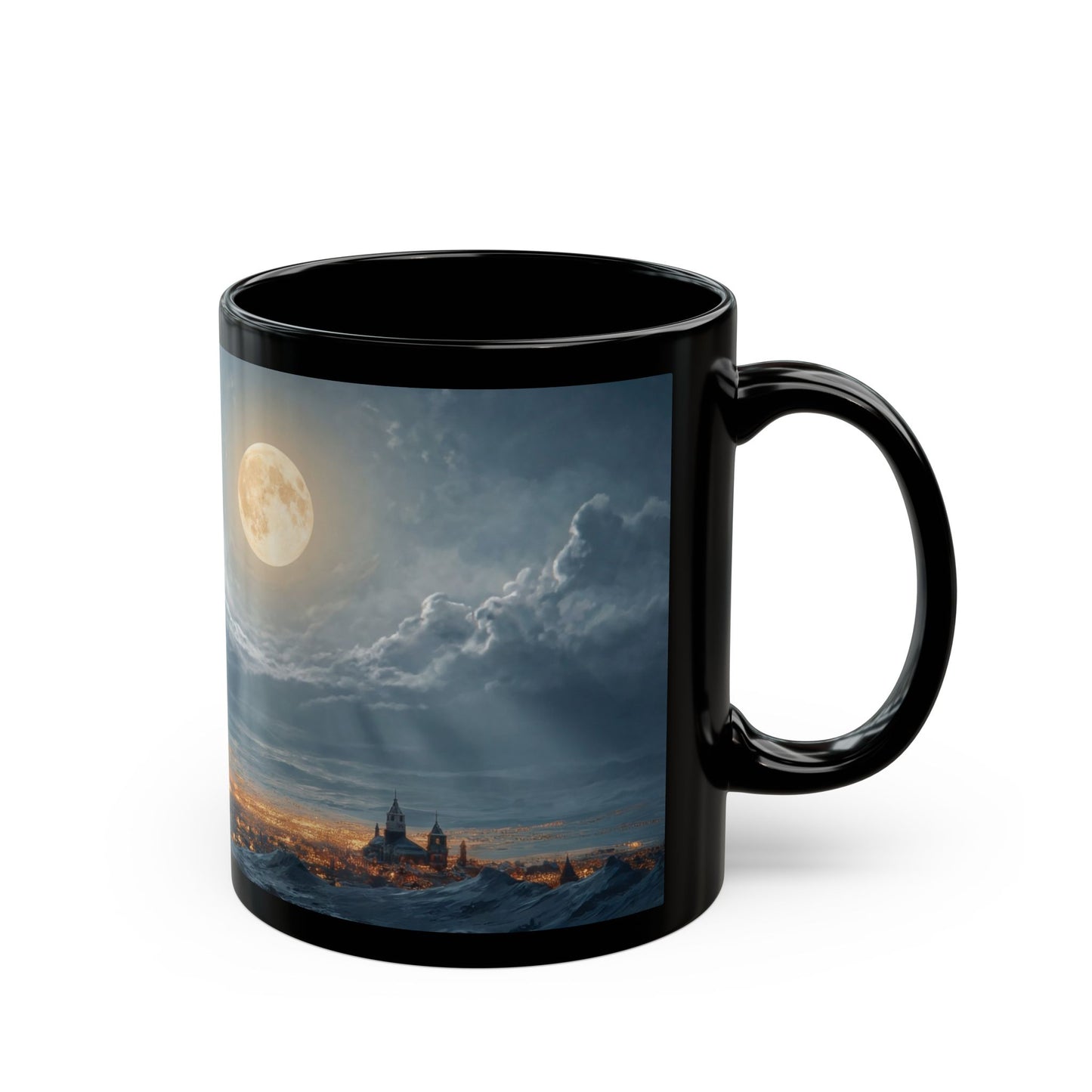 Moonlit Sleigh Ride Black Mug – Winter’s Silent Journey Over Snowy Peaks
