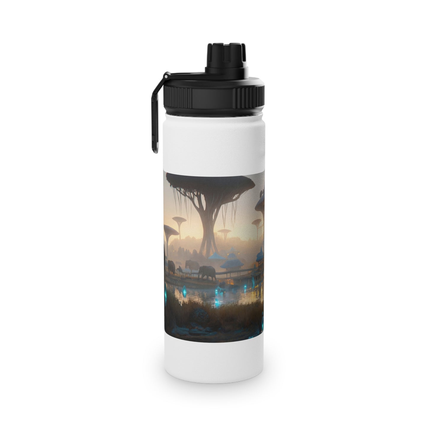 Elephants of the Bio-Luminescent Savanna Stainless Steel Water Bottle, Sports Lid – Twilight Oasis