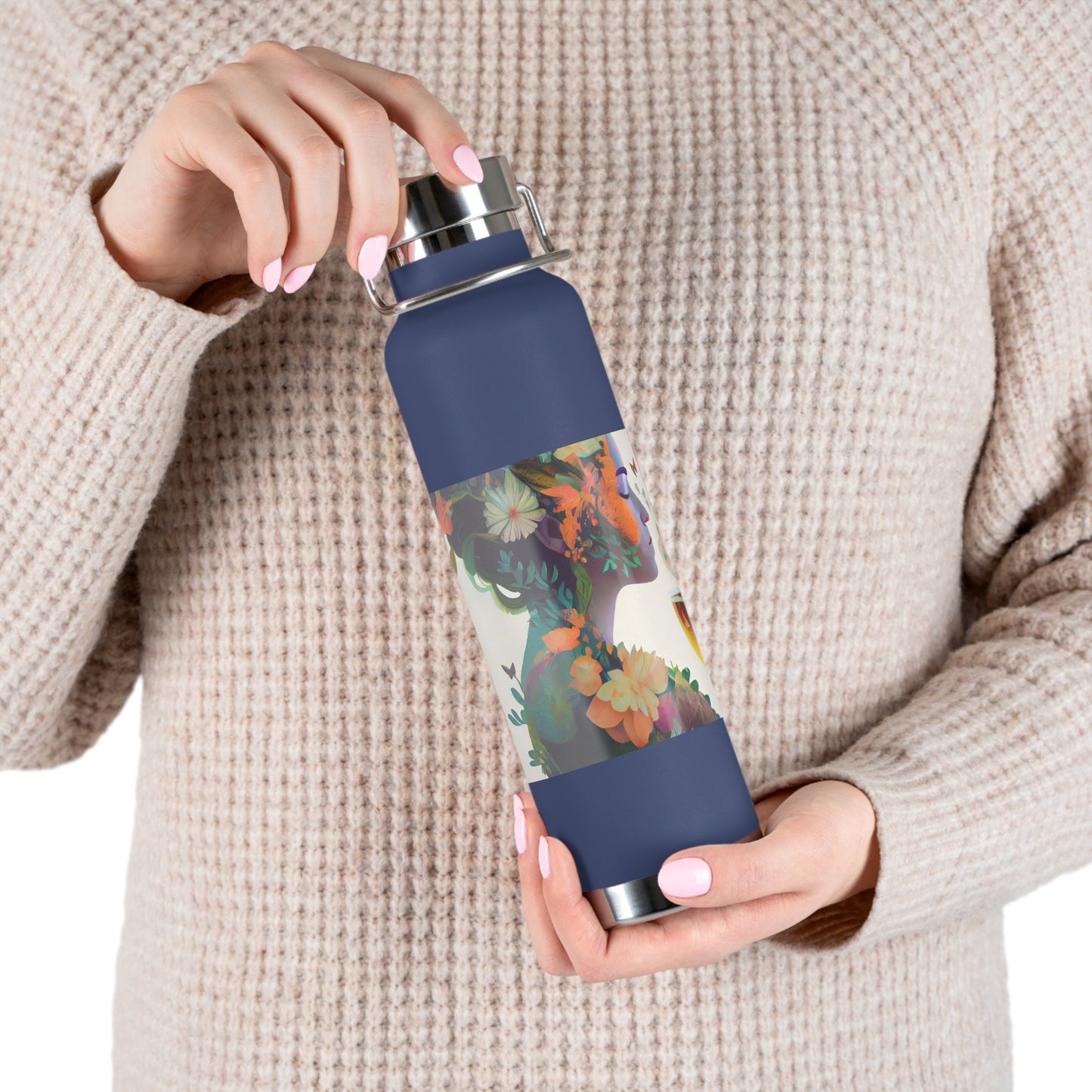 character design, double exposure shot, front profile of a beautiful tea faerie filled with a blooming amazonian jungle, happiness - Copper Vacuum Insulated Bottle, 22oz