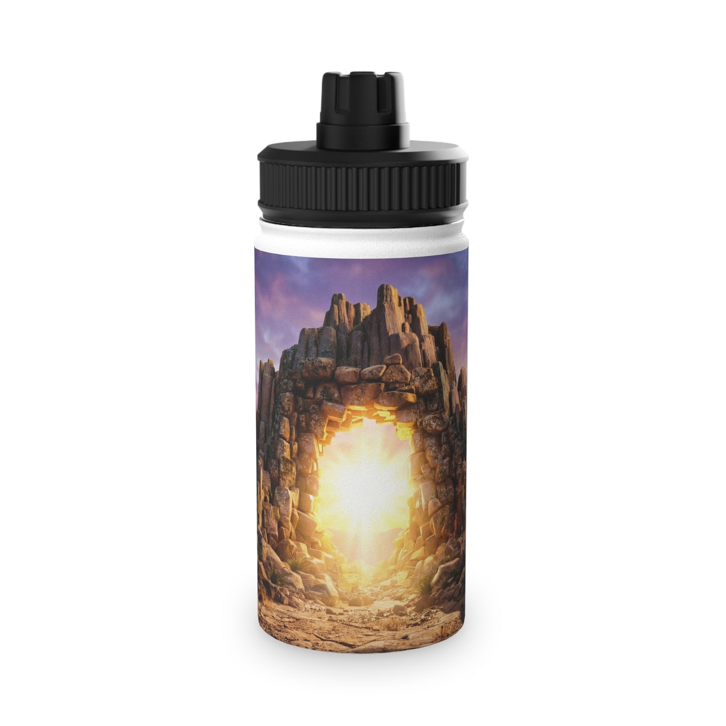 Celestial Portal Stainless Steel Water Bottle, Sports Lid – Sunlit Stone Gateway