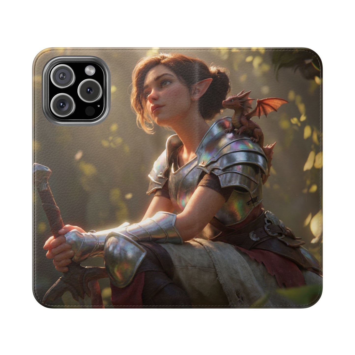 Elven Knight with Dragon Flip Cases – Iridescent Armor & Tiny Guardian Portrait