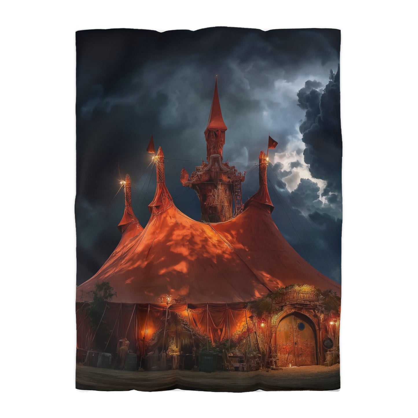 Crimson Carnival Tent Duvet Cover – City Lights Under Stormy Skies