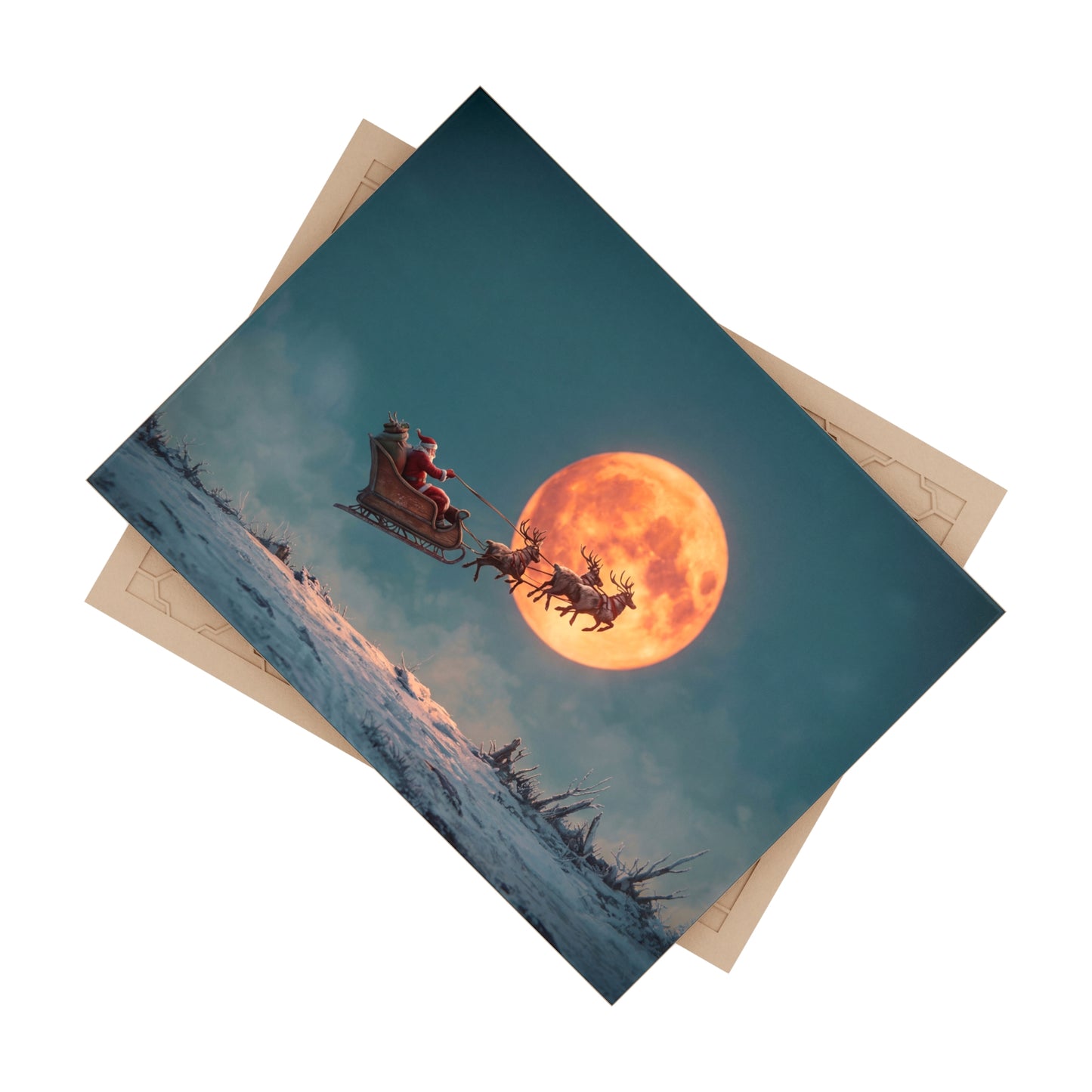 Santa’s Midnight Flight Ceramic Photo Tile – Glowing Full Moon Over Snow