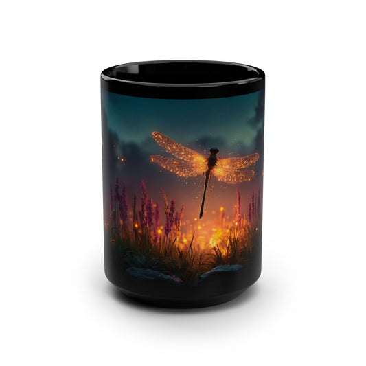 Sparkling Dragonfly Black Mug, 15oz – Golden Wing Twilight Meadow