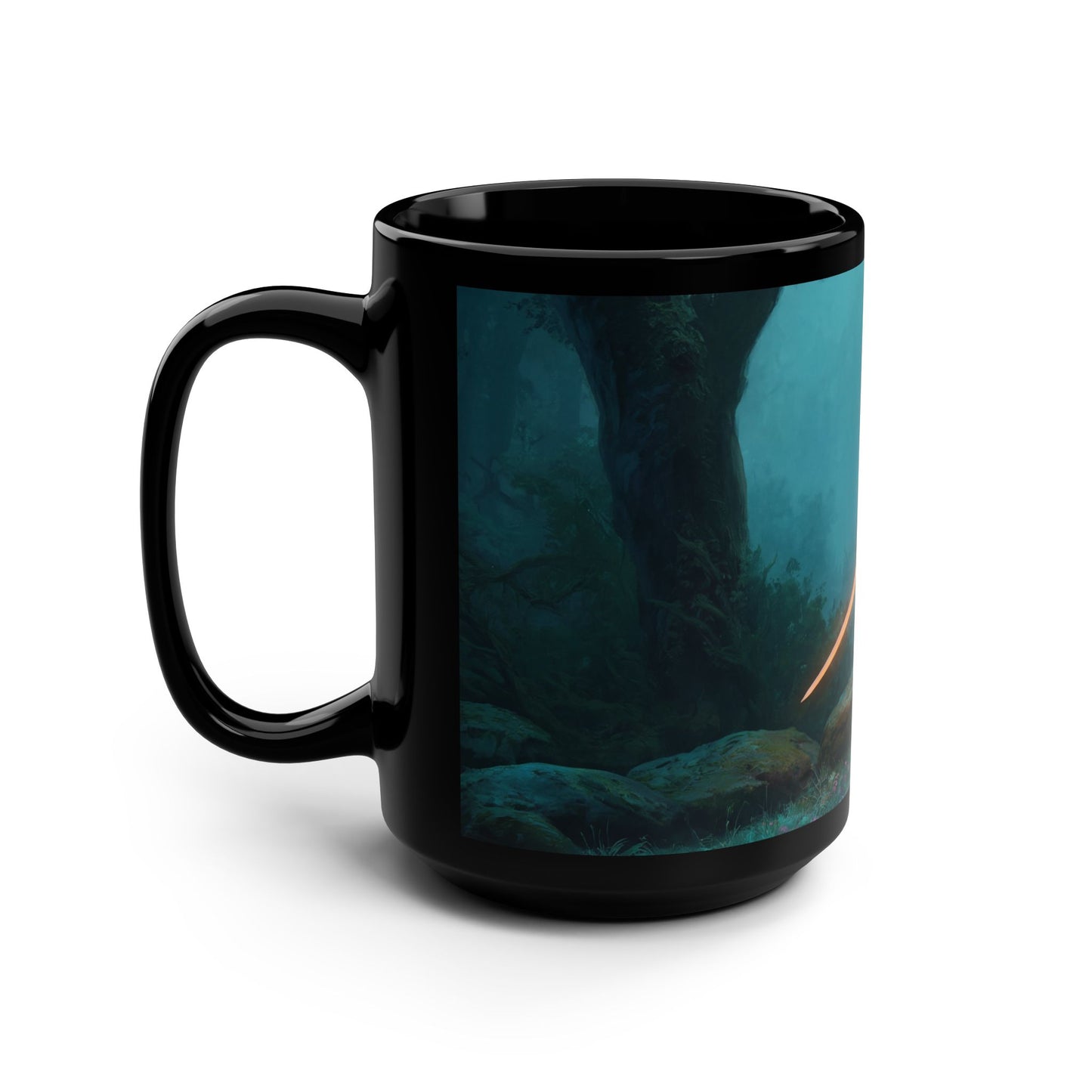 Sentinel Elf Black Mug, 15oz – Glowing Blade Forest Guardian