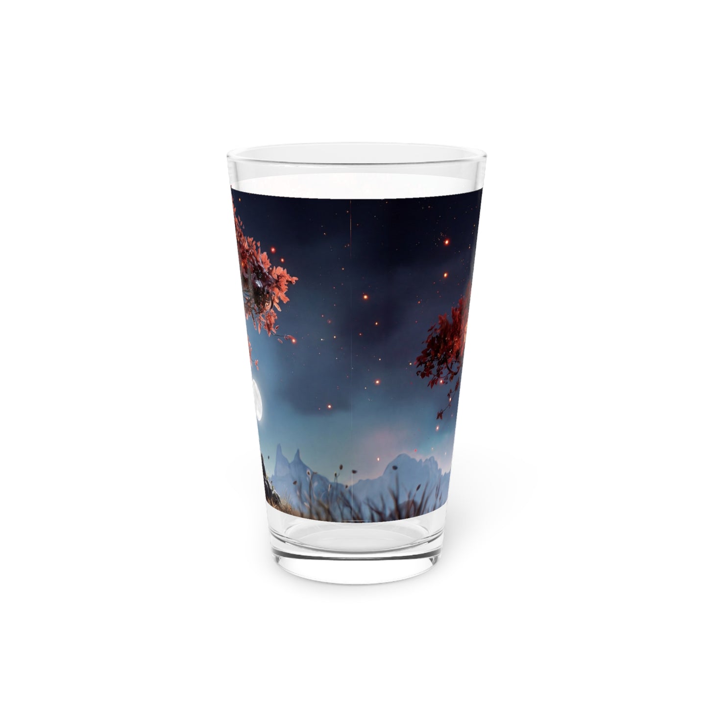Whispering Ember Tree Pint Glass, 16oz – Moonlit Sanctuary Under Crimson Canopy