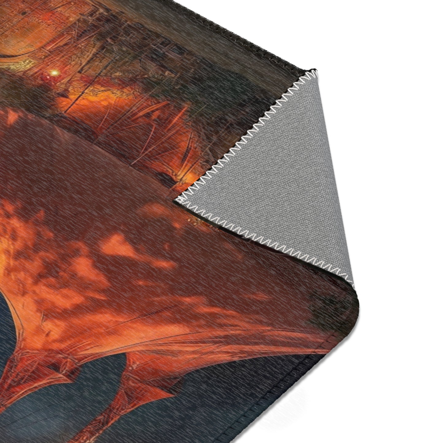 Crimson Carnival Tent Rug – City Skyline Under Thunderous Canopy