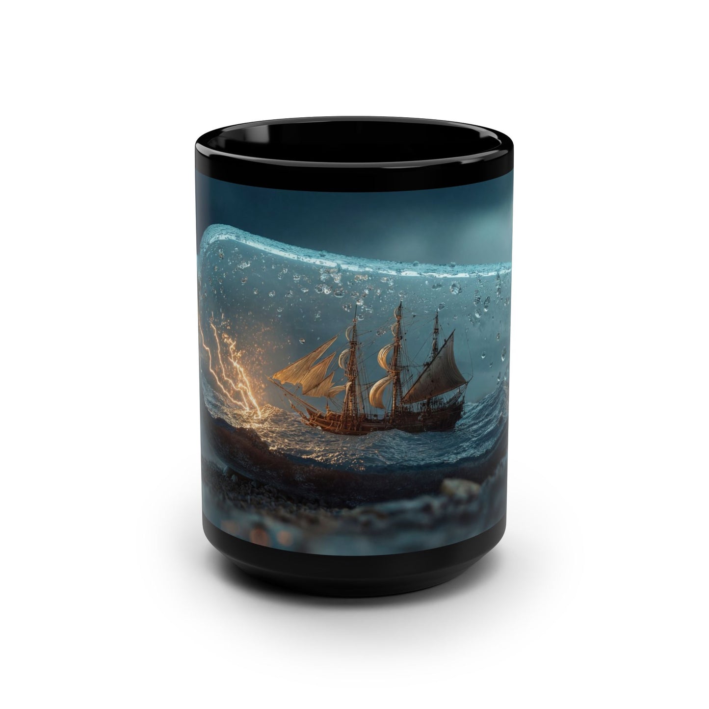 Stormbound Ship Black Mug, 15oz – Lightning & Waves in a Glass Vessel