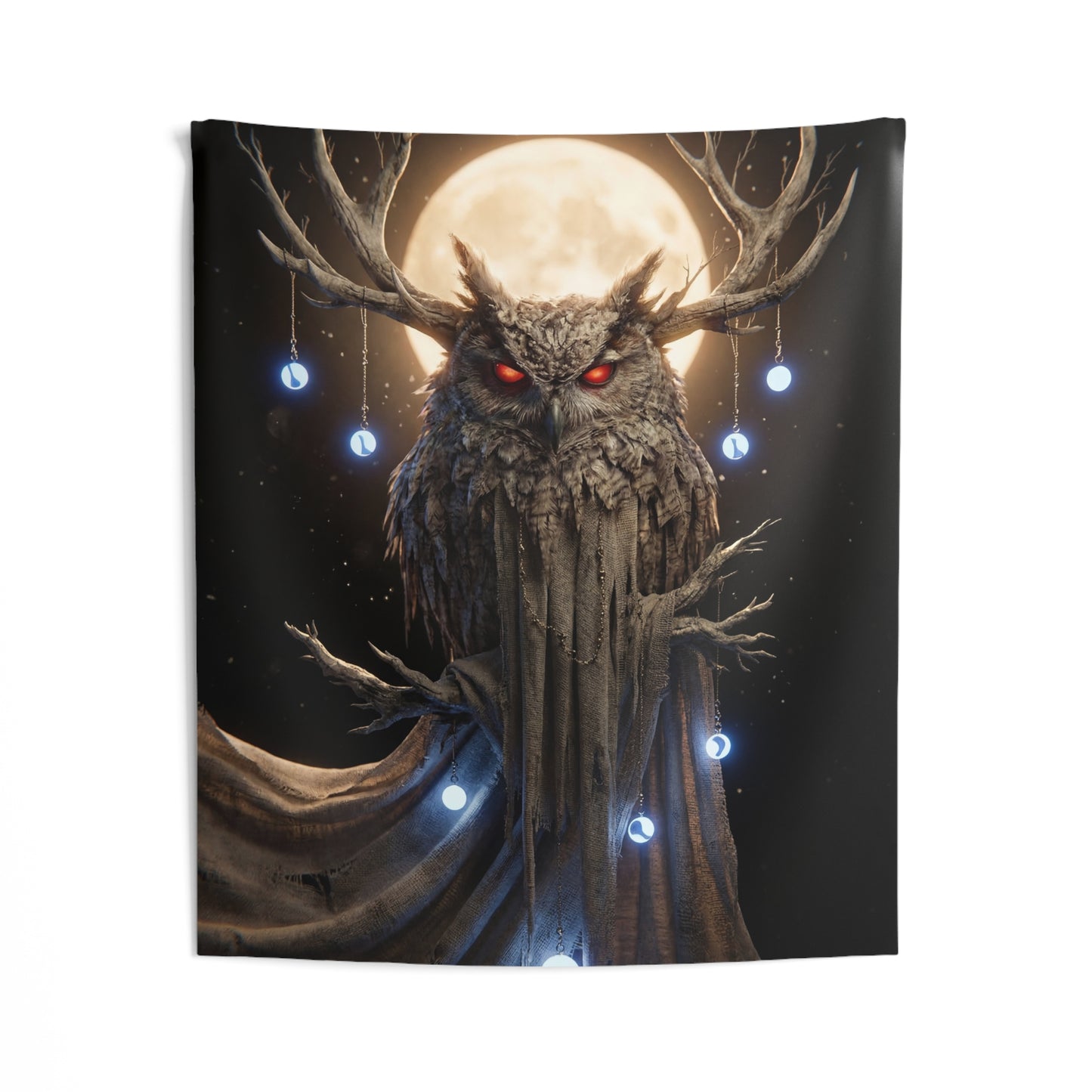 Moonlit Owl Sentinel Indoor Wall Tapestries – Crimson-Eyed Watcher Beneath the Full Moon