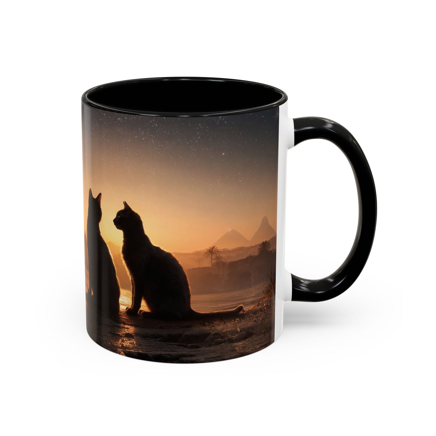Starry Nile Guardian Cats Accent Coffee Mug (11, 15oz) – Ancient Pyramids Milky Way