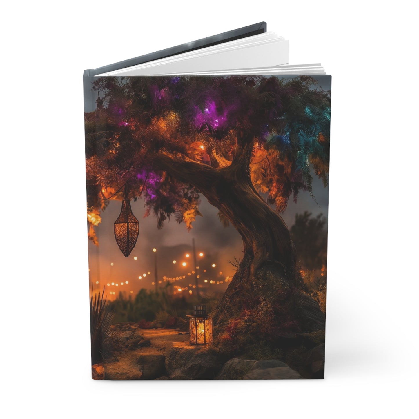 Whispering Lights Tree Hardcover Journal Matte – Campfire Serenity Under a Stormy Sky