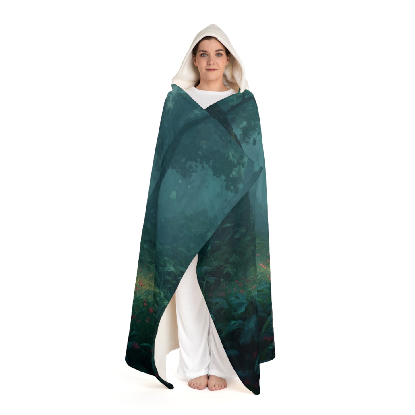 Forest Sentinel Hooded Sherpa Fleece Blanket – Emerald Guardian Resting in Misty Grove