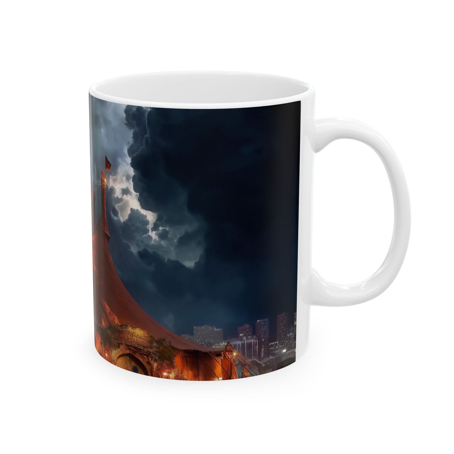 Crimson Circus Tent Ceramic Mug – Midnight Carnival Dreamscape