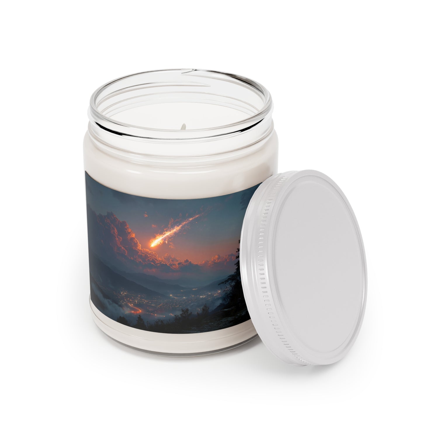 Celestial Firefall Scented Soy Candles with White Lid, 9oz – Cosmic Glow Over Mountain Vale