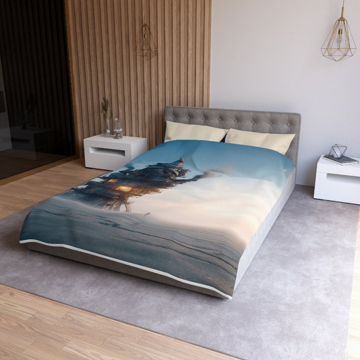 Skyward Steam Tower Microfiber Duvet Cover – A孤独 Sentinel in Dawn’s Hush