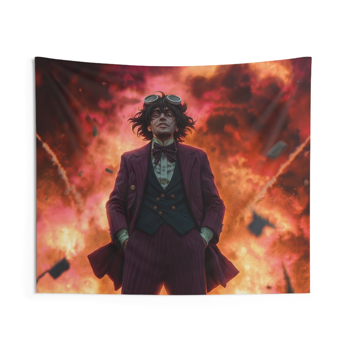 Goggles-Wearer Amidst Crimson Explosion Indoor Wall Tapestries – Calm in the Chaos