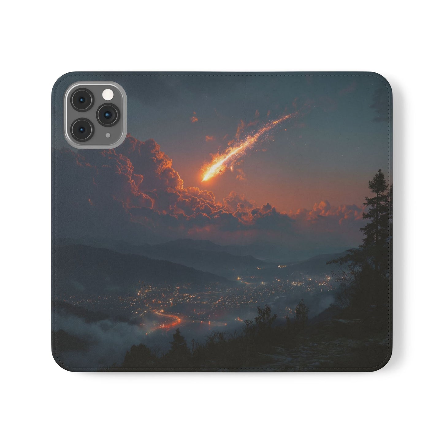 Meteor Over Valley Flip Cases – Crimson Sky Sentinel Cover