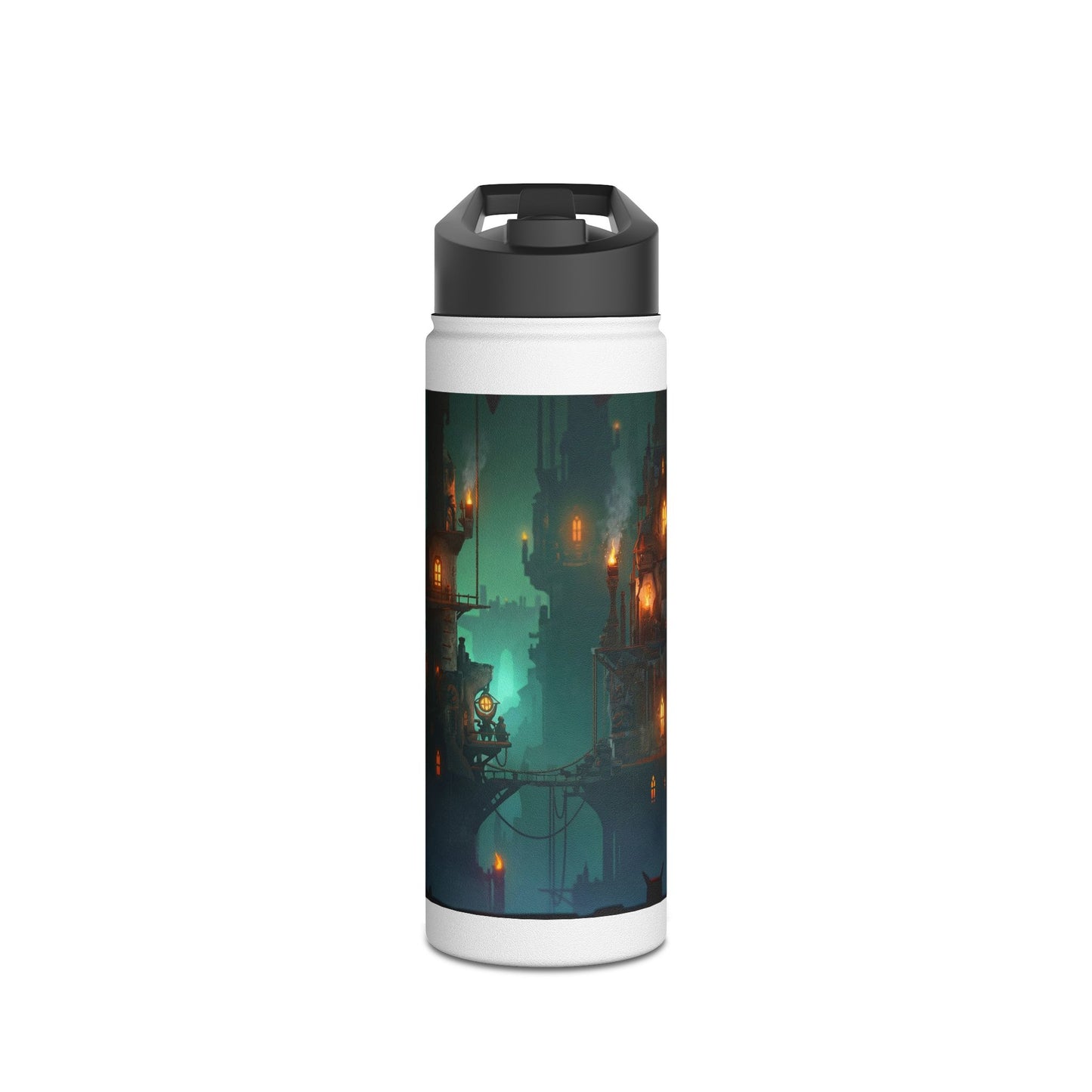 Floating City at Dusk Stainless Steel Water Bottle – Warm Lights Among the Mist