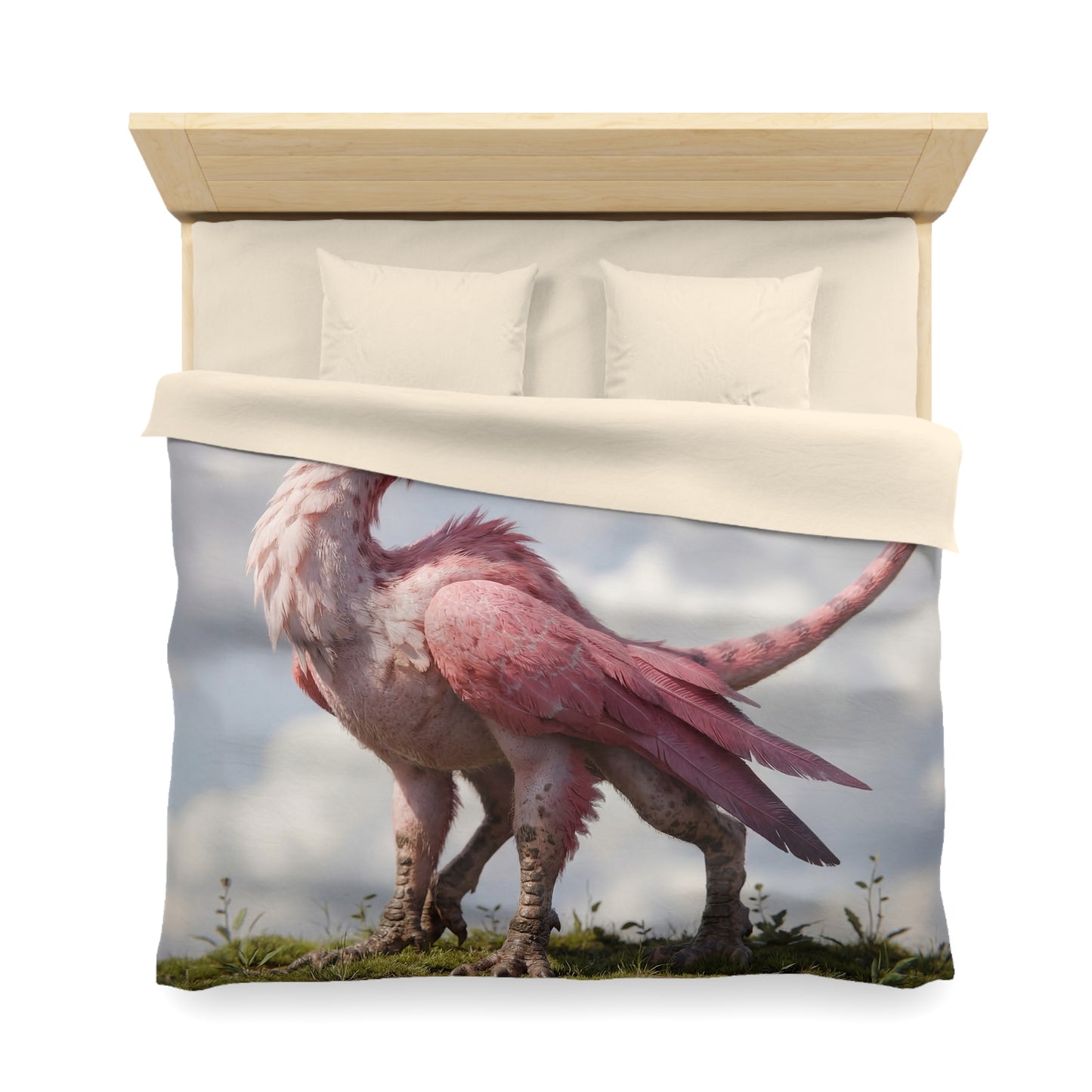 Pink Dawn Sentinel Microfiber Duvet Cover – Soft Feathers Against Sky Reflections