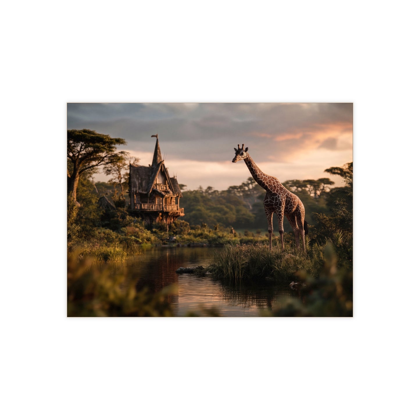 Giraffe by the Waterfall House Ceramic Photo Tile – Sunset Serenity in the Savannah
