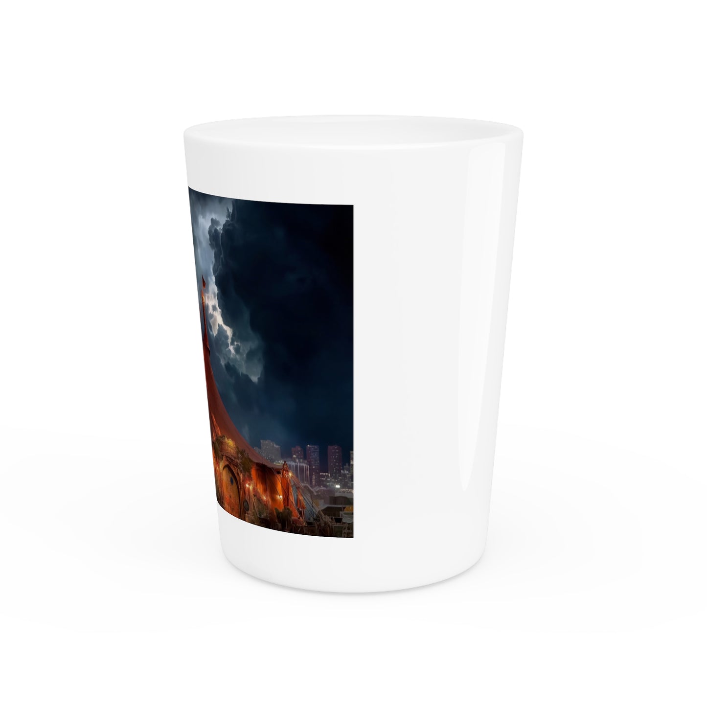 Crimson Circus Tent Shot Glass – Neon Nightscape Under Stormy Skies