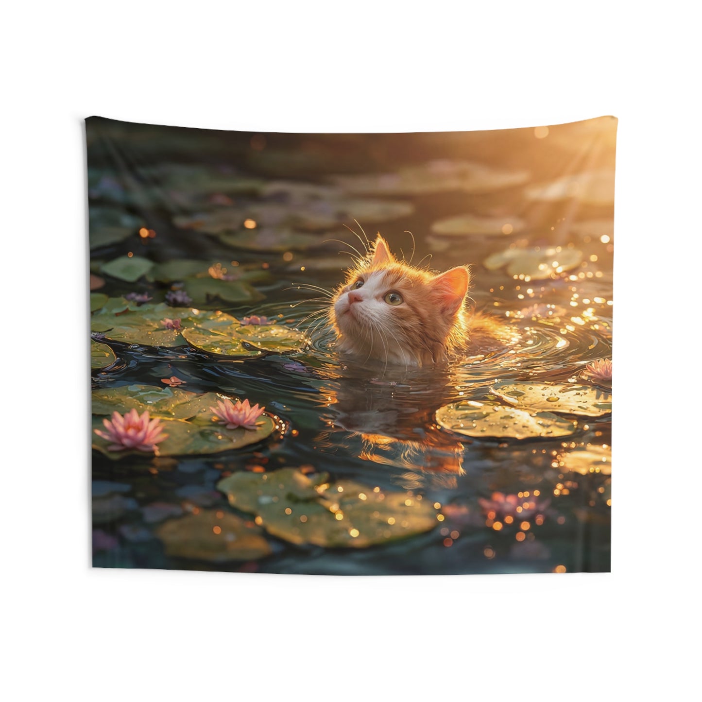 Sunlit Cat in Lotus Pond Indoor Wall Tapestries – Golden Hour Serenity