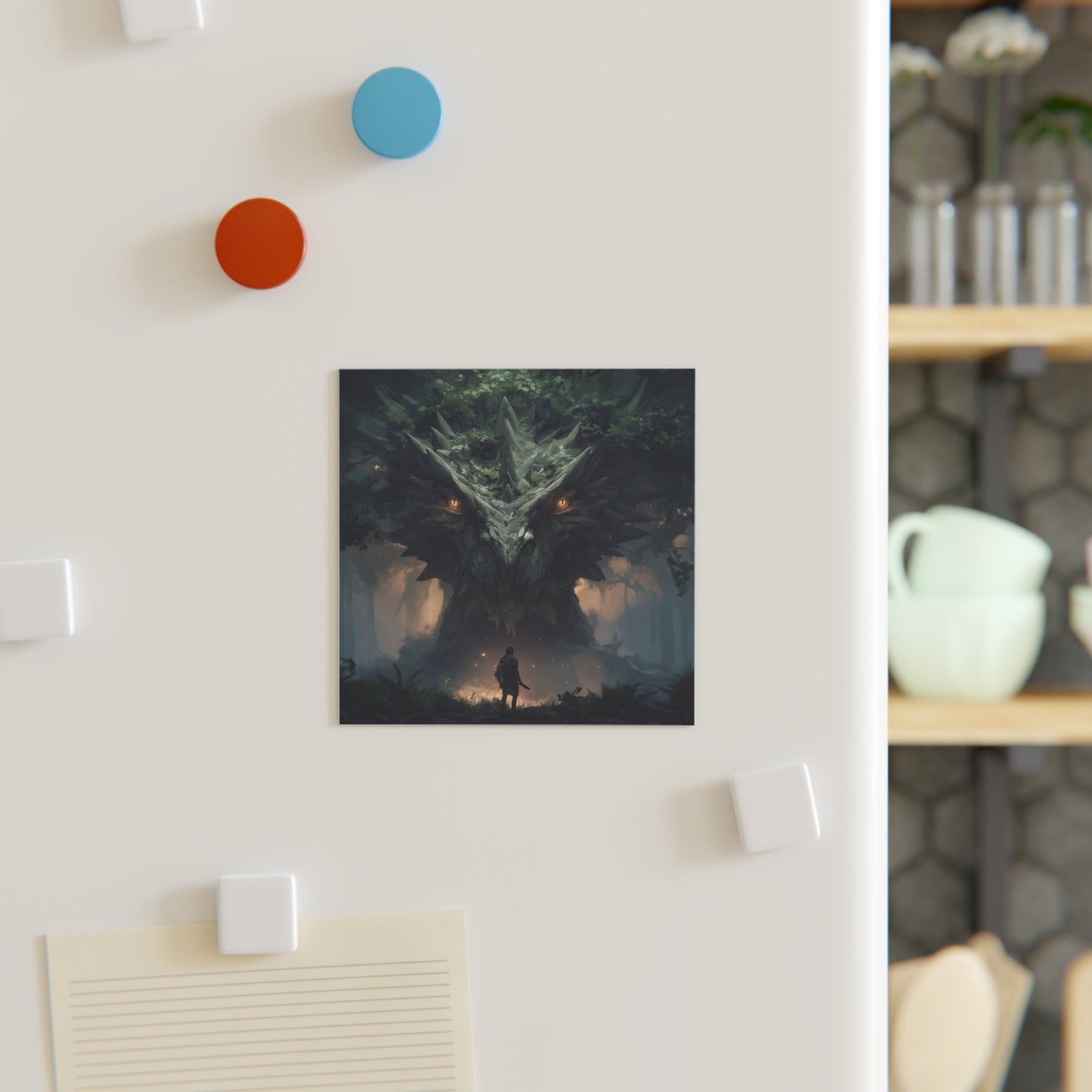 Ancient Forest Dragon Square Magnet – Eyes of the Verdant Sentinel