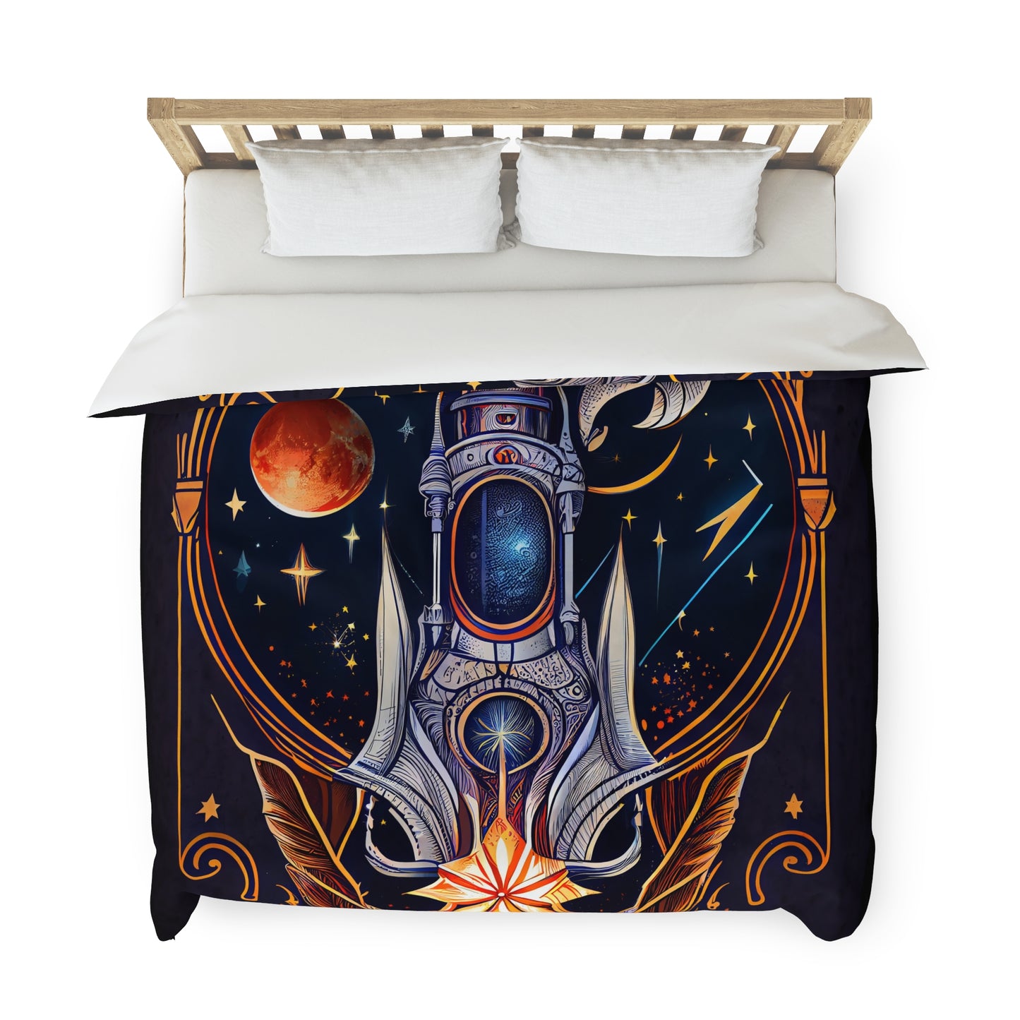 t-shirt design, rocket ship, stars, moons, art nouveau, alphonse much - Duvet Cover