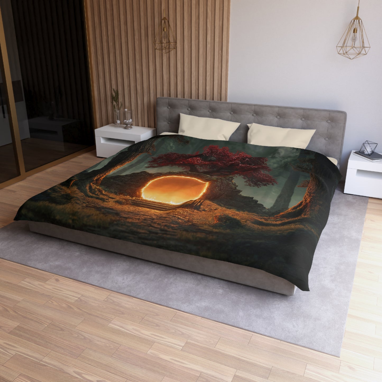 Crimson Portal Duvet Cover – Whispering Forest Gateway