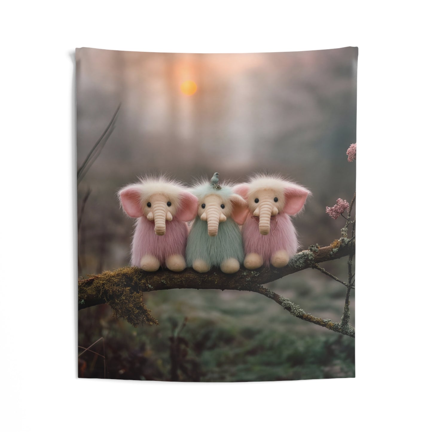 Trio of Furry Elephants Indoor Wall Tapestries – Dawn’s Whisper in the Mist