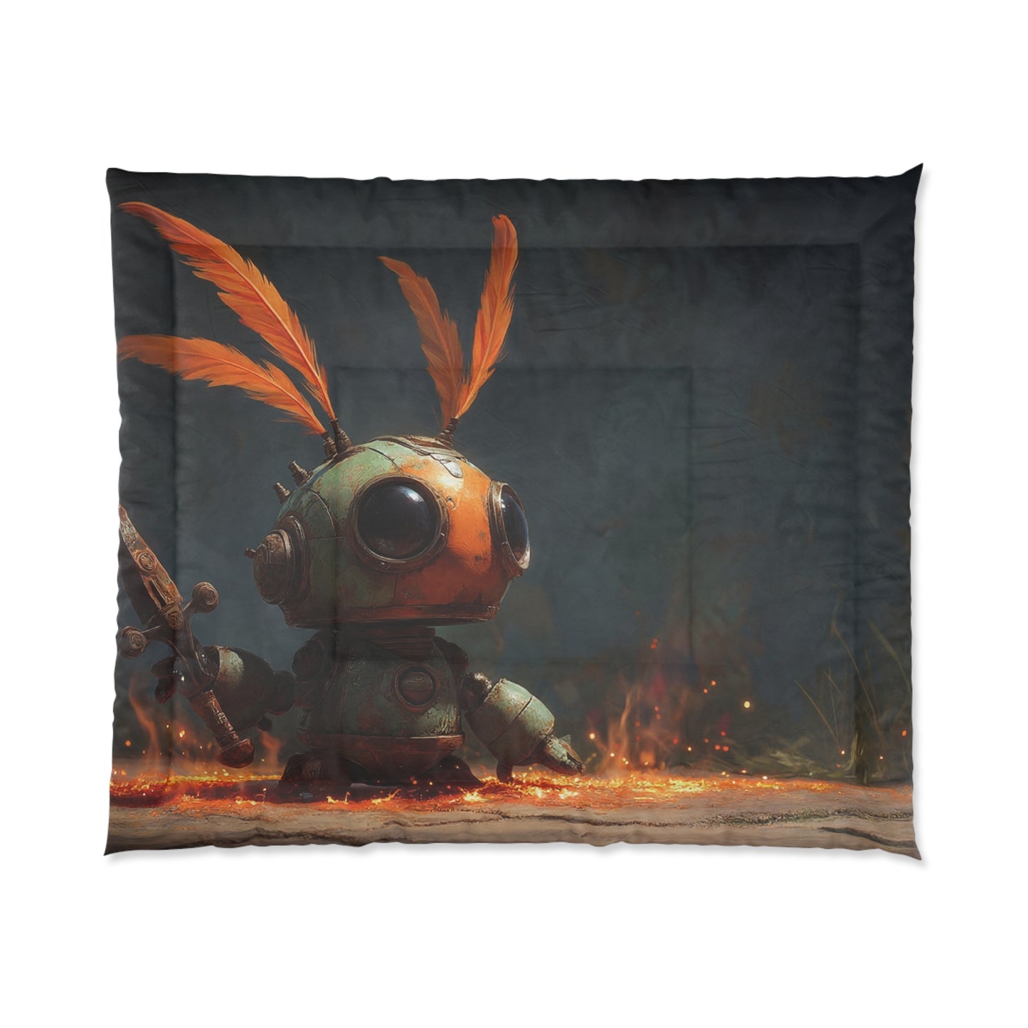 Feathered Sentinel Comforter – Warm Embers and Rustic Steel Dreamscape
