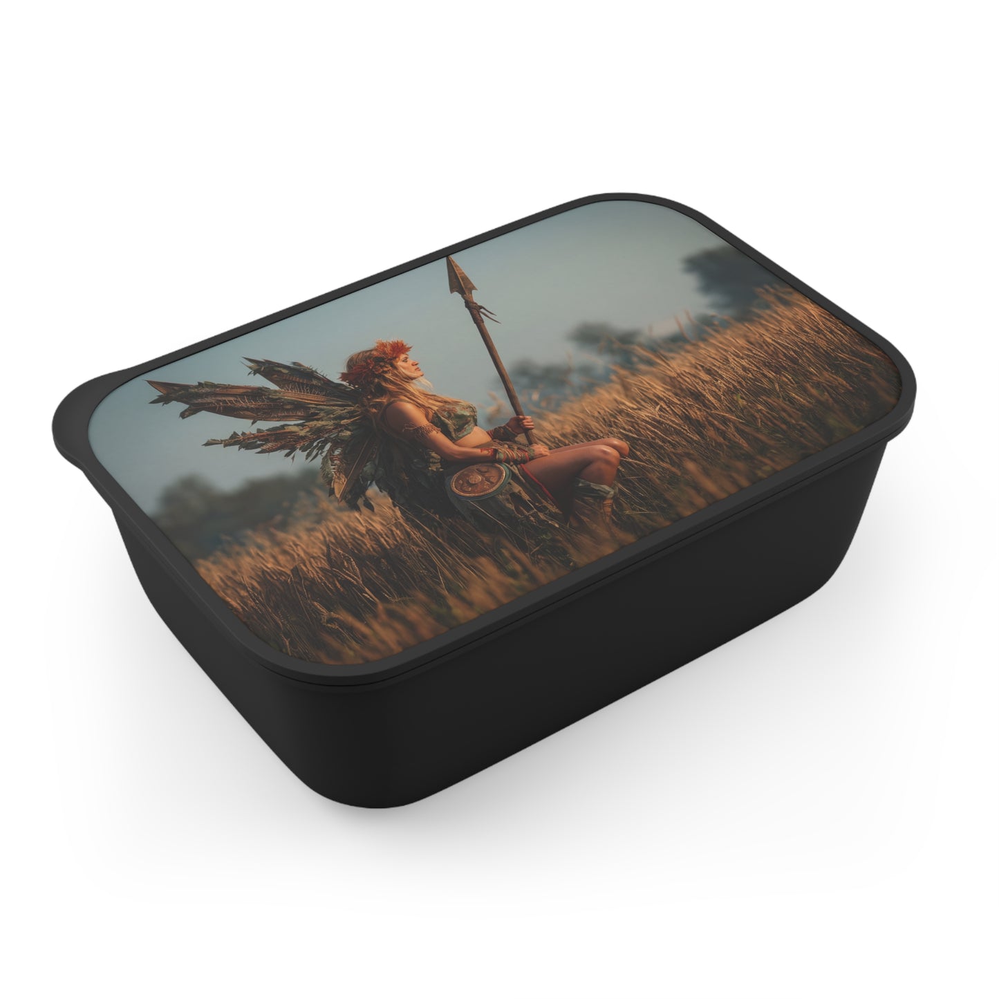 Warrior Fairy in Golden Field PLA Bento Box with Band and Utensils – Sunset Sentinel