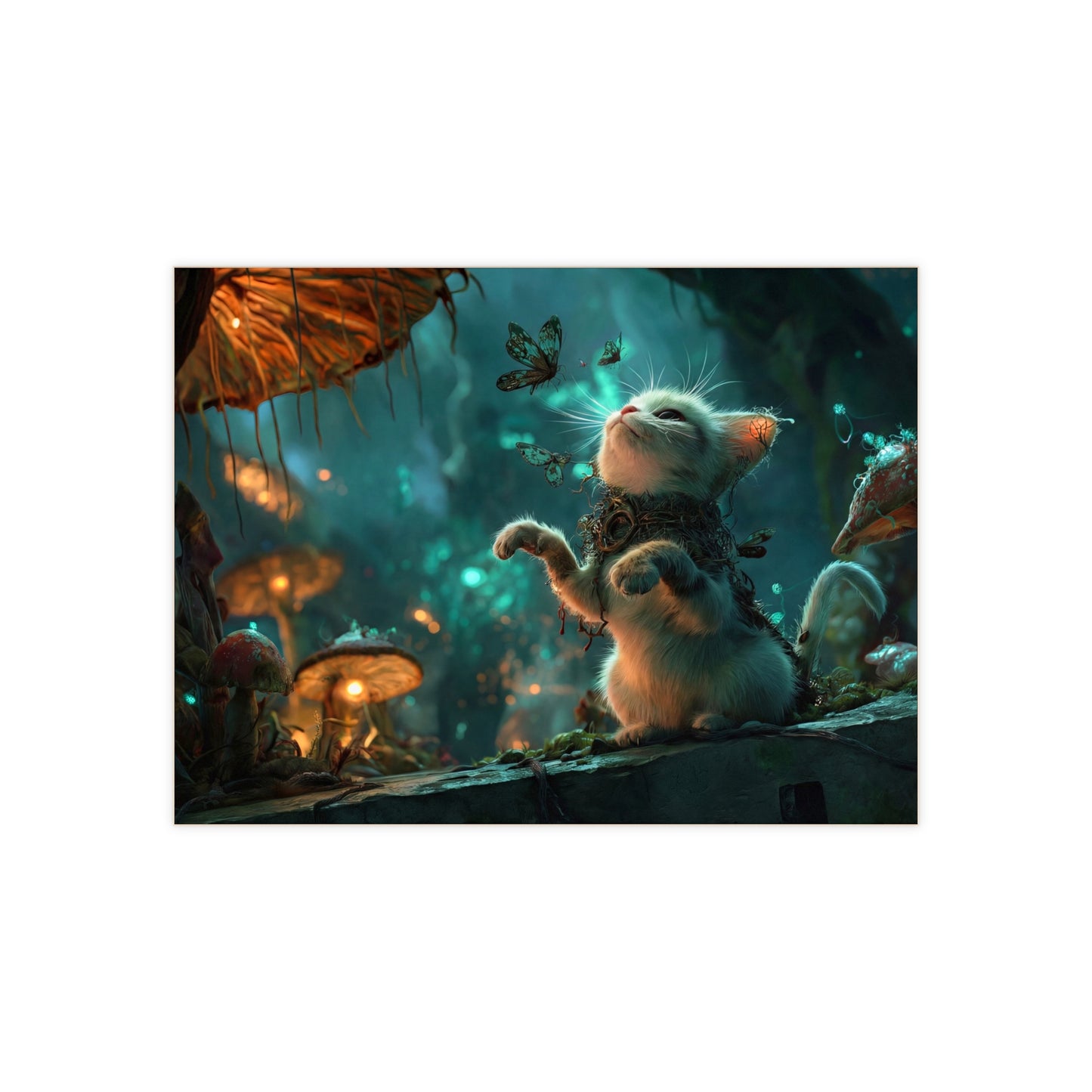 Enchanted Forest Kitten Ceramic Photo Tile – Whispering Butterflies and Glowing Fungi