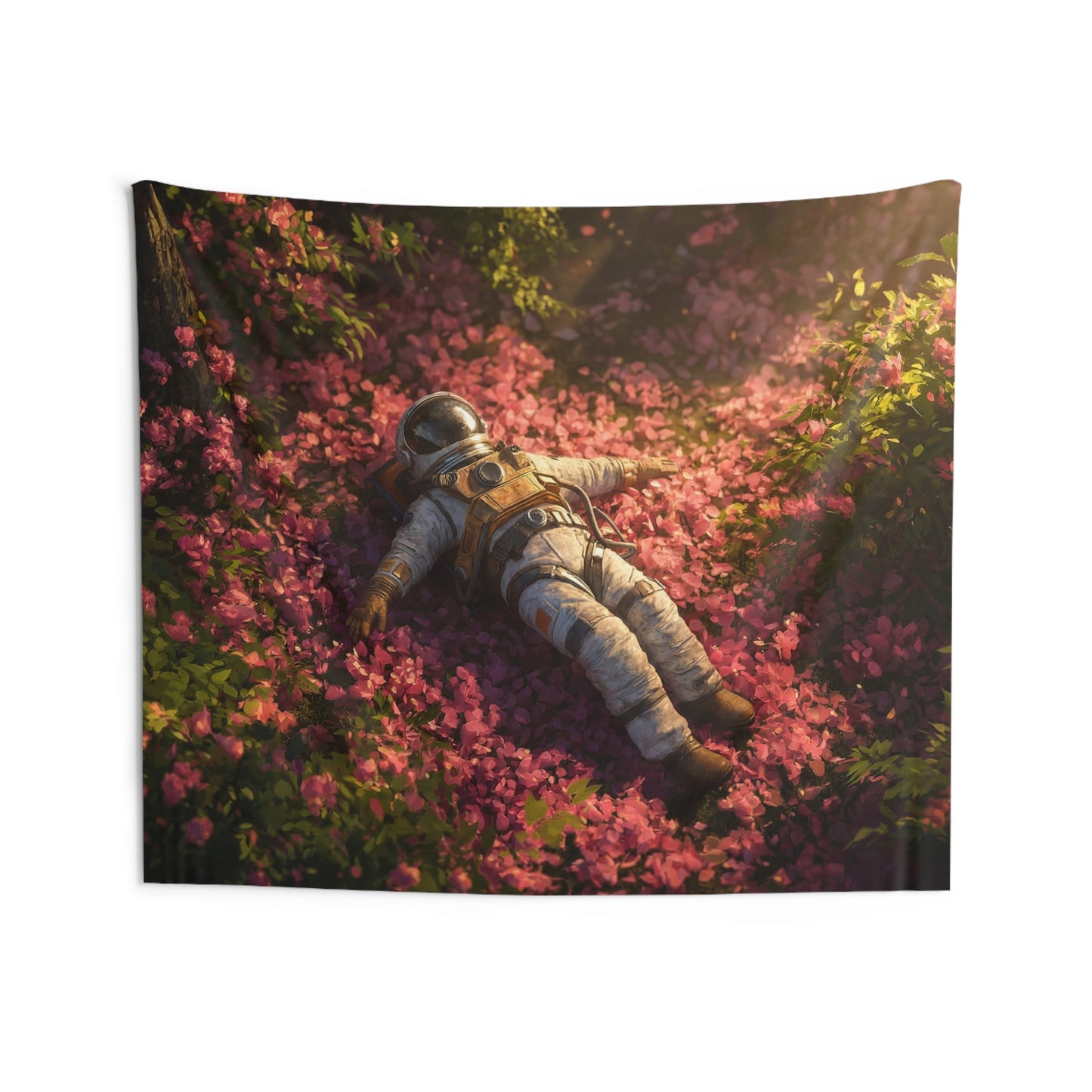 Astronaut Among Blossoms Indoor Wall Tapestries – Sunset Garden Recliner