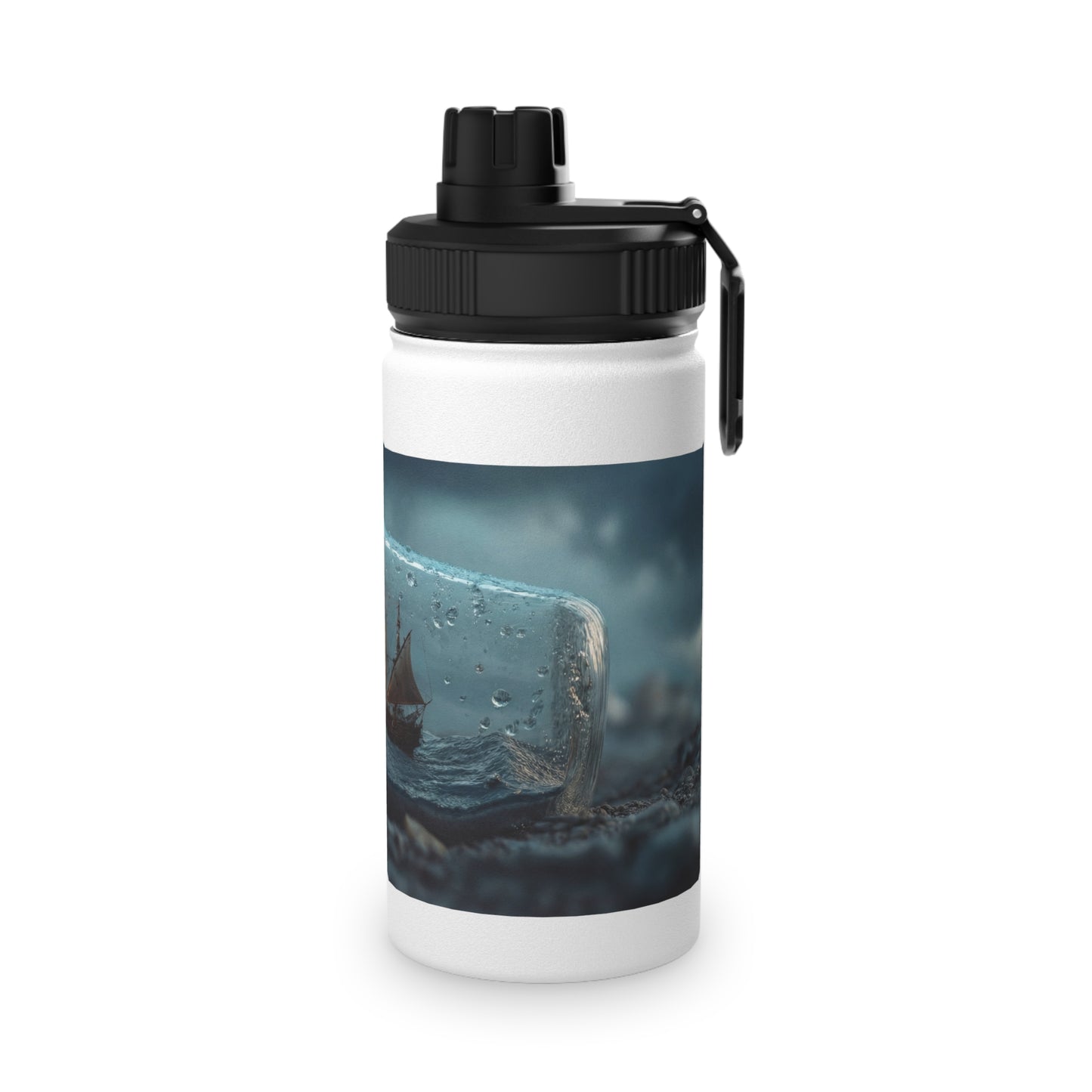 Storm-Sailed Ship in Bottle Stainless Steel Water Bottle, Sports Lid – Captured Tempest at Sea