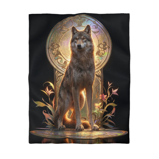 Regal Wolf Throne Microfiber Duvet Cover – Golden Light Through Art Nouveau Arch