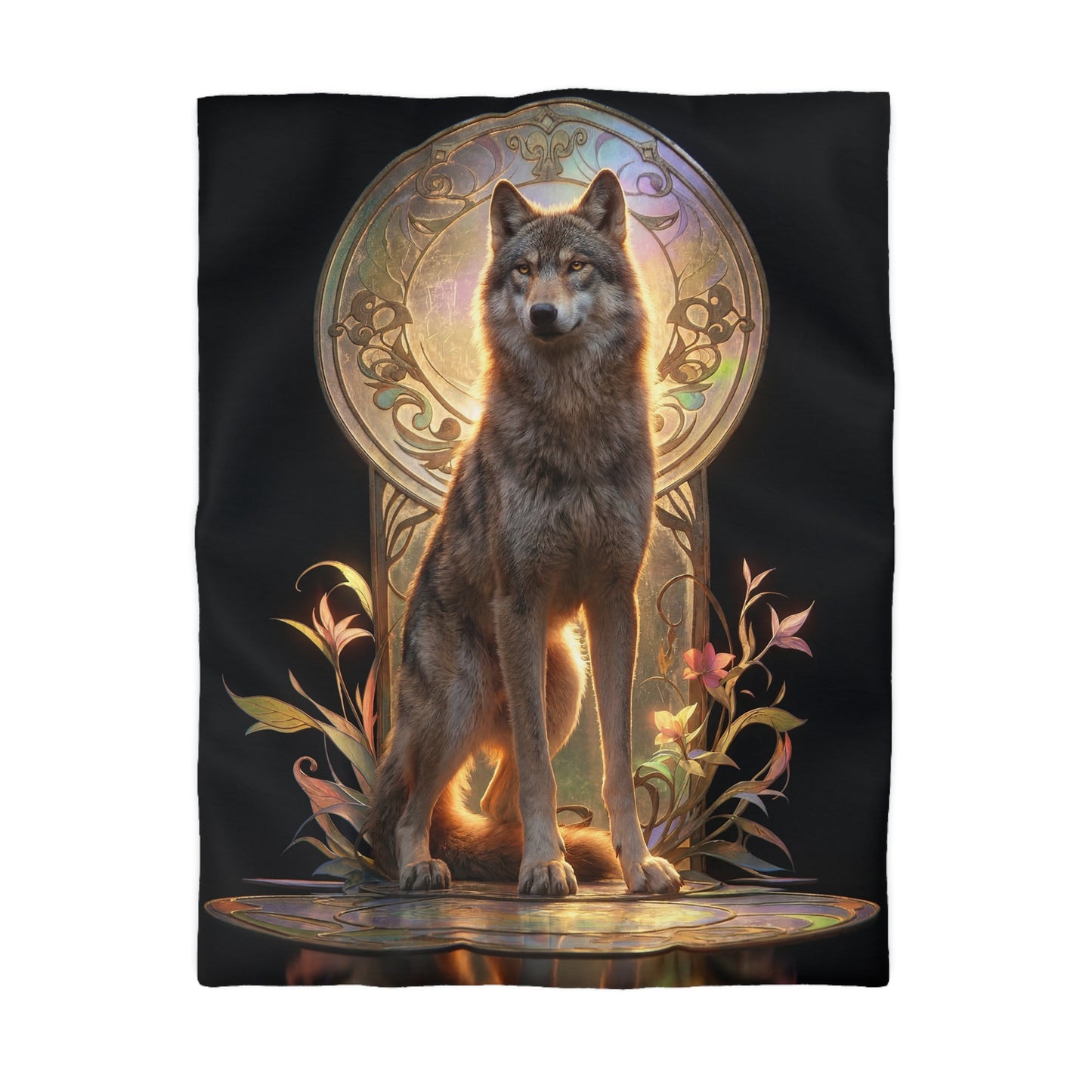 Regal Wolf Throne Duvet Cover – Golden Light Through Art Nouveau Arch