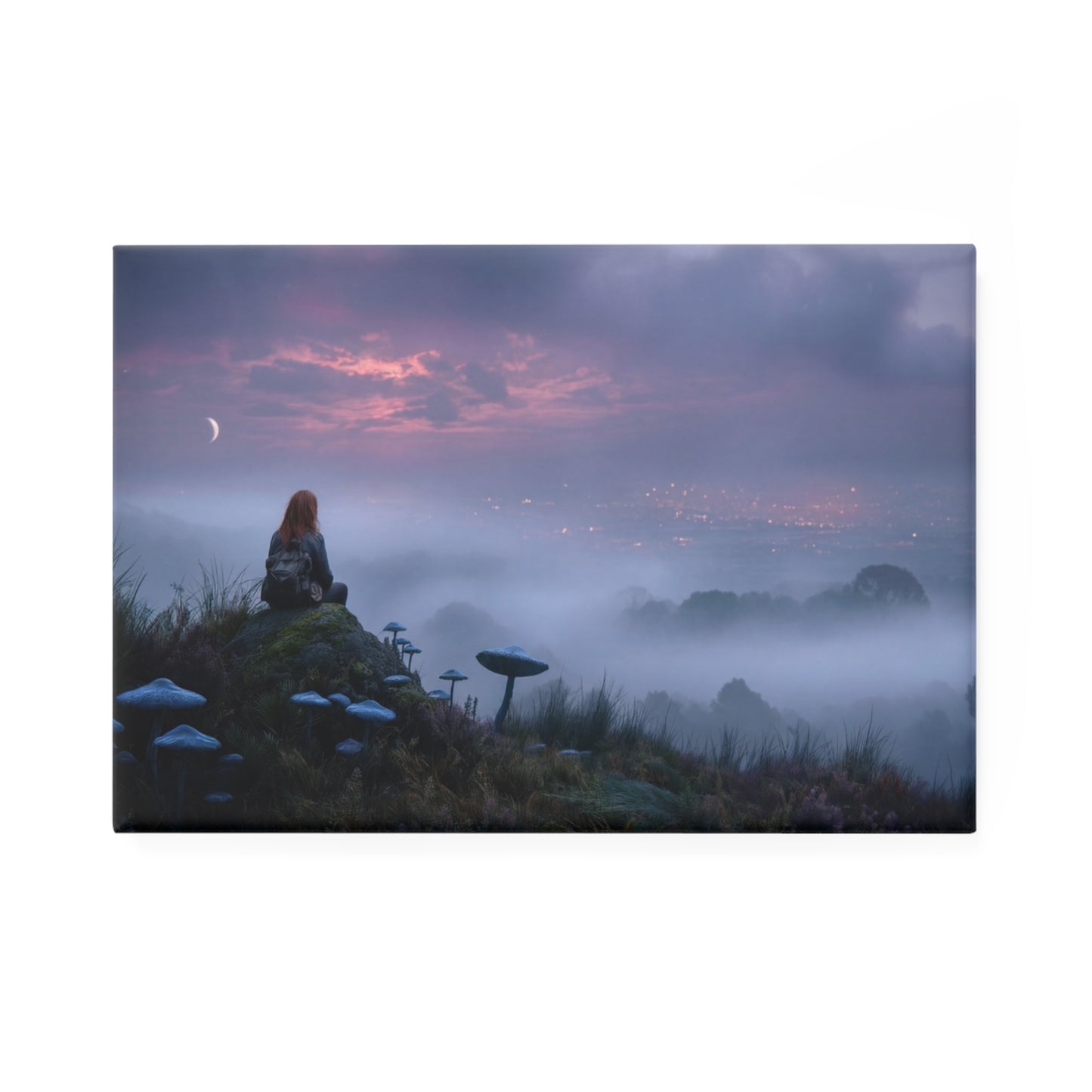 Moonlit Mushroom Sentinel Button Magnet, Rectangle (1 & 10 pcs) – Twilight Guardian on the Hillside