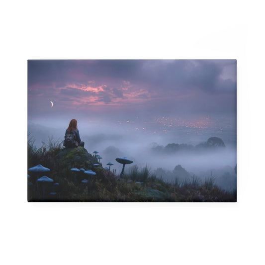 Moonlit Mushroom Sentinel Button Magnet, Rectangle (1 & 10 pcs) – Twilight Guardian on the Hillside