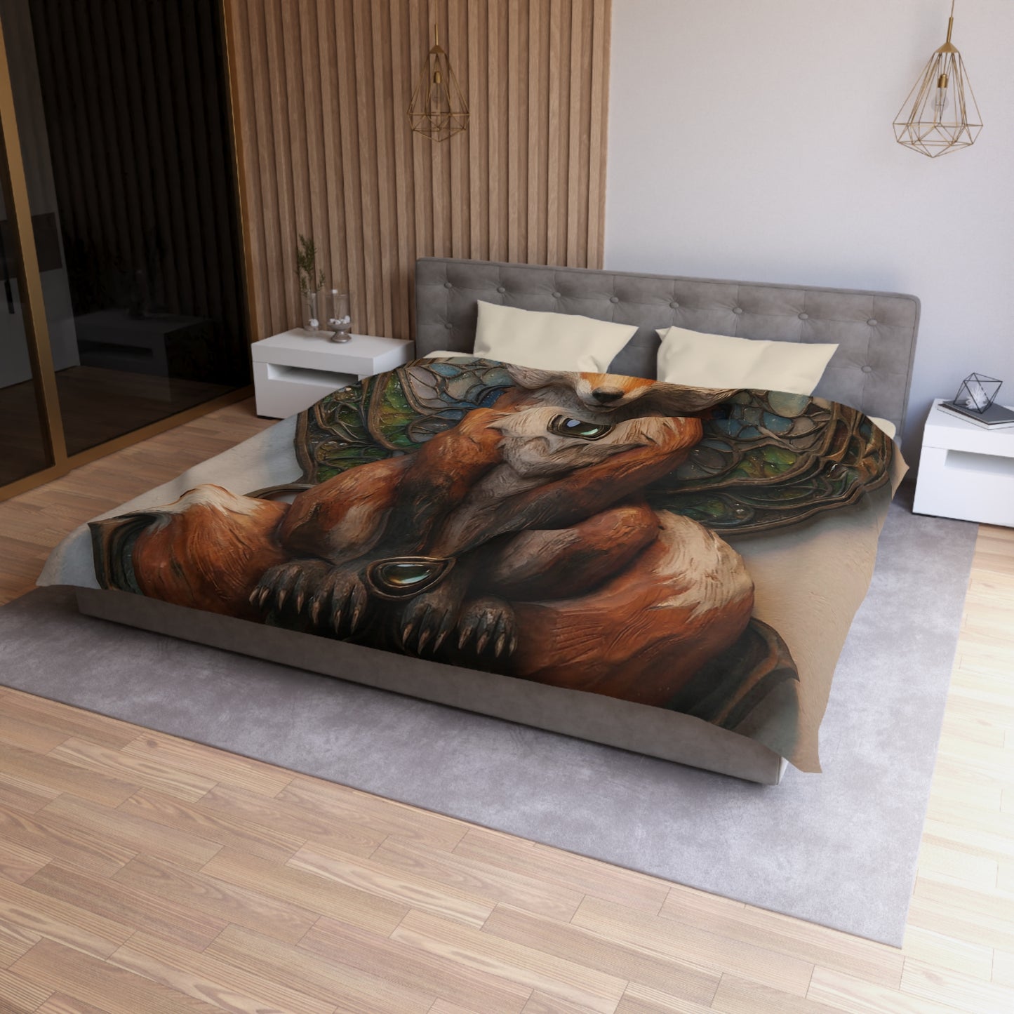 Fox Sentinel Microfiber Duvet Cover – Warm Amber Guardian in Stained Glass
