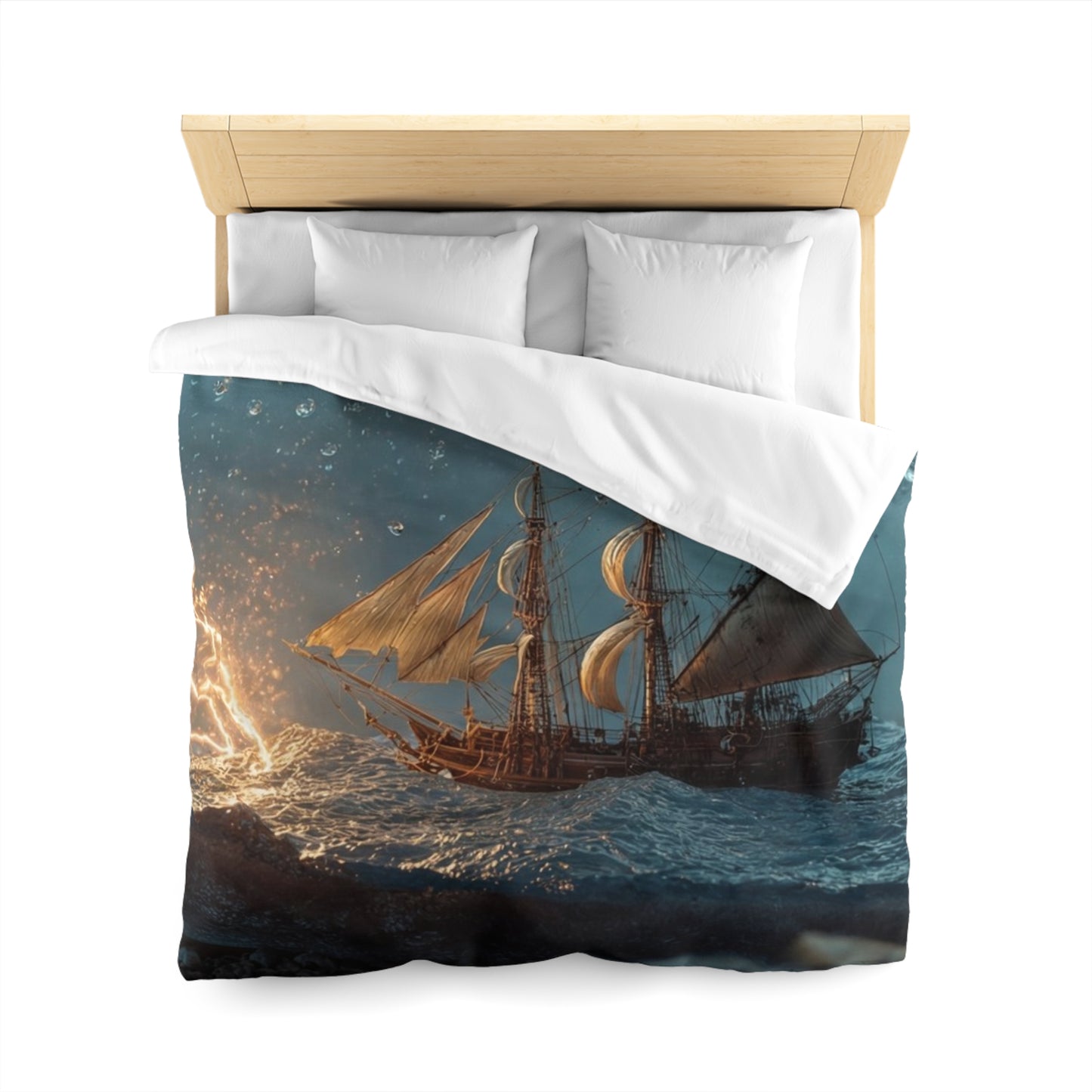 Storm-Sailed Ship in Bottle Microfiber Duvet Cover – Pocketed Ocean Dreamscape