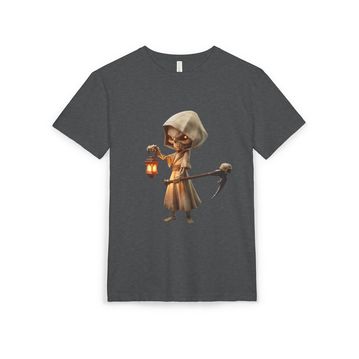 Lantern-Bearing Skeleton Sentinel Unisex Sueded T-Shirt – Gentle Guardian with Skull-Top Scythe and Warm Glow